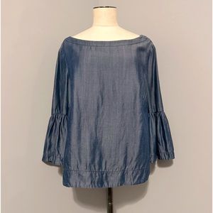 Whit House Black Market bell sleeve shiny denim colored blouse size 12